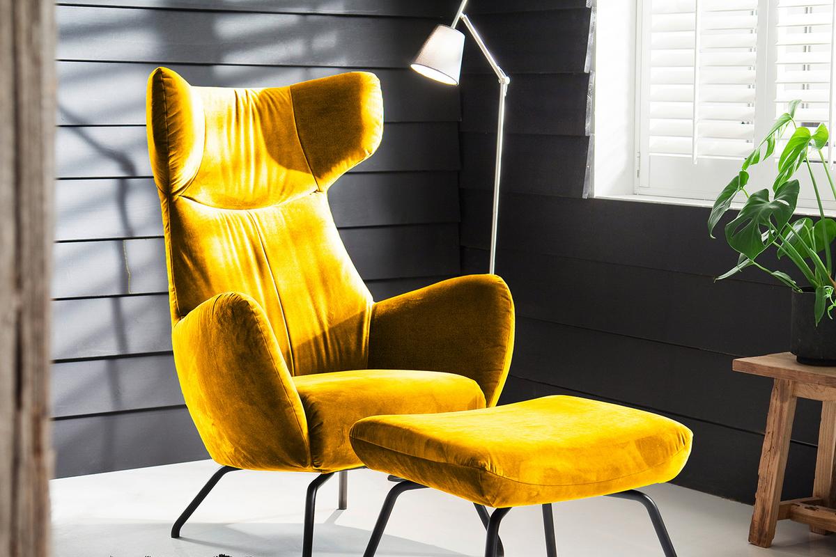 SESSEL MIT HOCKER LOTTE Gelb Velvet - Currygelb/Schwarz, Textil (79/117/82cm) - KAWOLA
