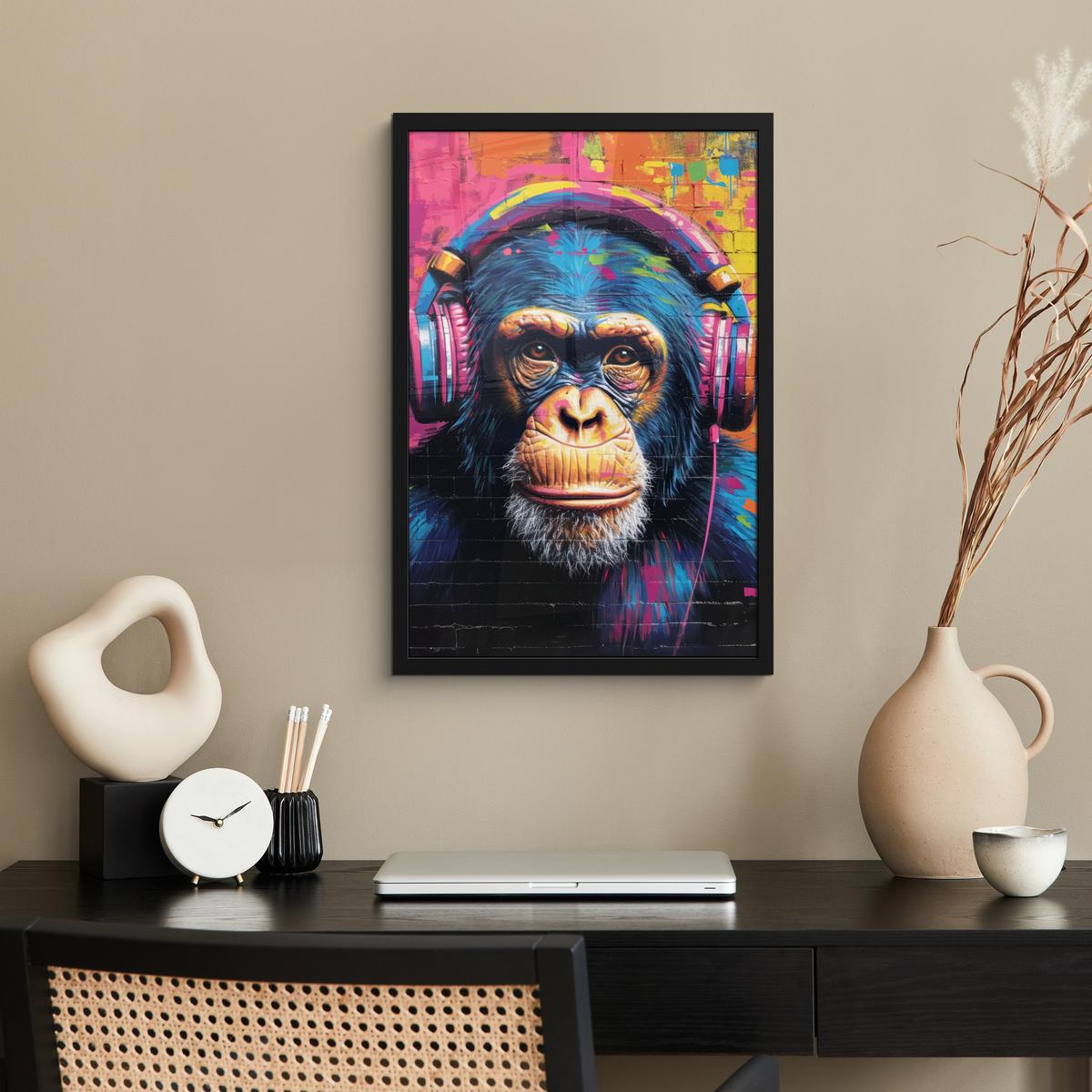 POSTER MIT RAHMEN Graffiti - Schimpanse - Straßenkunst - Kopfhörer - Affe Bilder mit Rahmen 40x60 cm - Blau, Papier (40/60cm) - MuchoWow