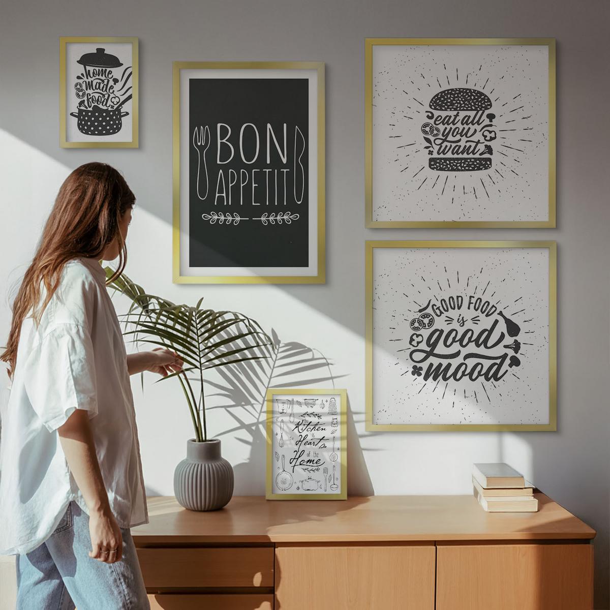 BILDER SET 5er Set - 50x50 cm & 20x30 cm & 40x60 cm Goldrahmen - Grafiken, Lebensmittel, kulinarische Slogans - Goldfarben, Kunststoff (40/60cm) - TULUP