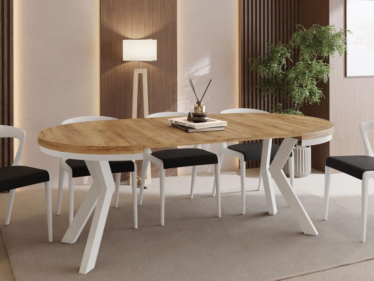 ESSTISCH Savio Weiß Neo rund ausziehbar verlängerbar, Eiche Braun 90-190/90/77 cm - Eiche Wotan/Weiß, Holz/Holzwerkstoff (90/190/77cm) - WFL GROUP