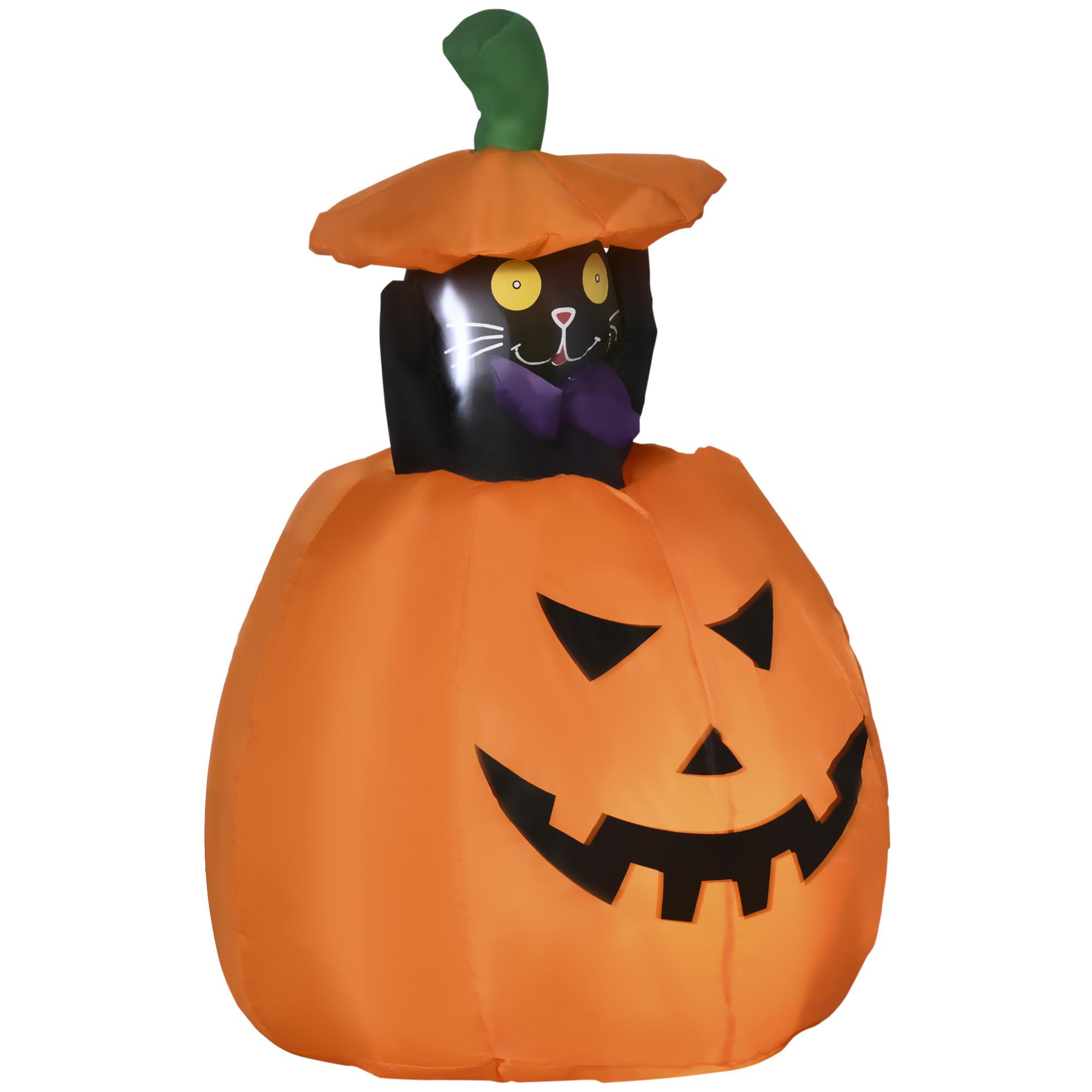 115 cm Halloween Deko Aufblasbar Kürbisgeist mit beweglicher Katze mit LED - Orange, Kunststoff (64/115/76cm) - Outsunny