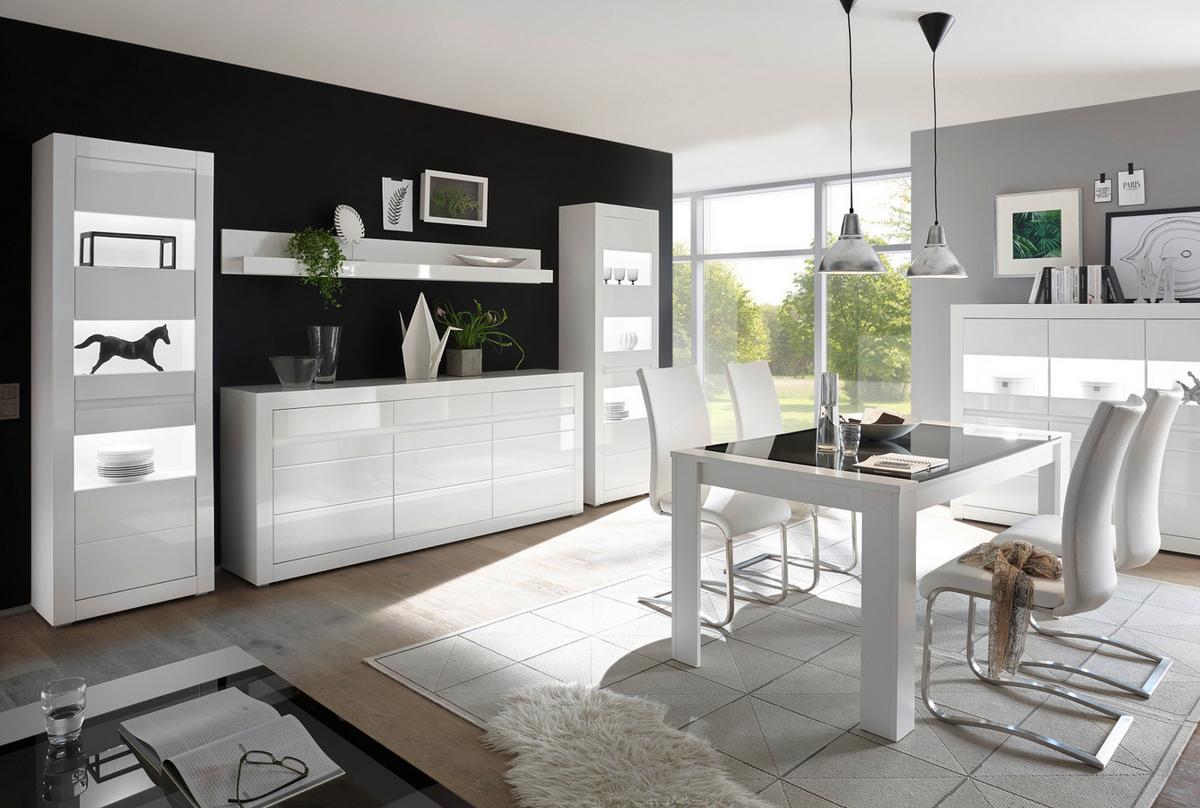 WOHNWAND 4-teilig Hochglanz weiß 302 cm, Anbauwand mit Soft-Close - Weiß Hochglanz/Weiß, Glas/Holzwerkstoff (302/198/42cm) - Furn.Design