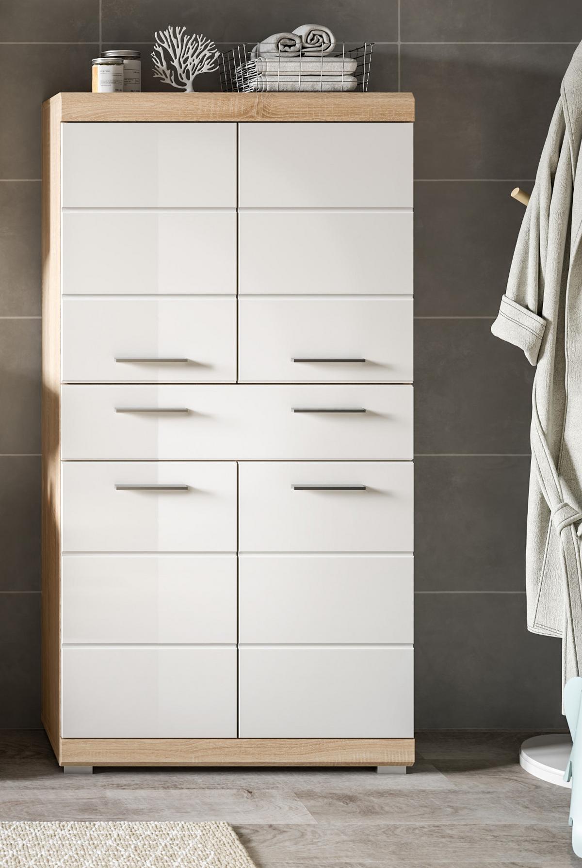 MIDISCHRANK weiß Hochglanz, Eiche 74 x 141 cm, Badschrank 4-türig mit Vollauszug - Weiß Hochglanz/Eichefarben, Holzwerkstoff/Kunststoff (74/141/31cm) - Inn.Furn