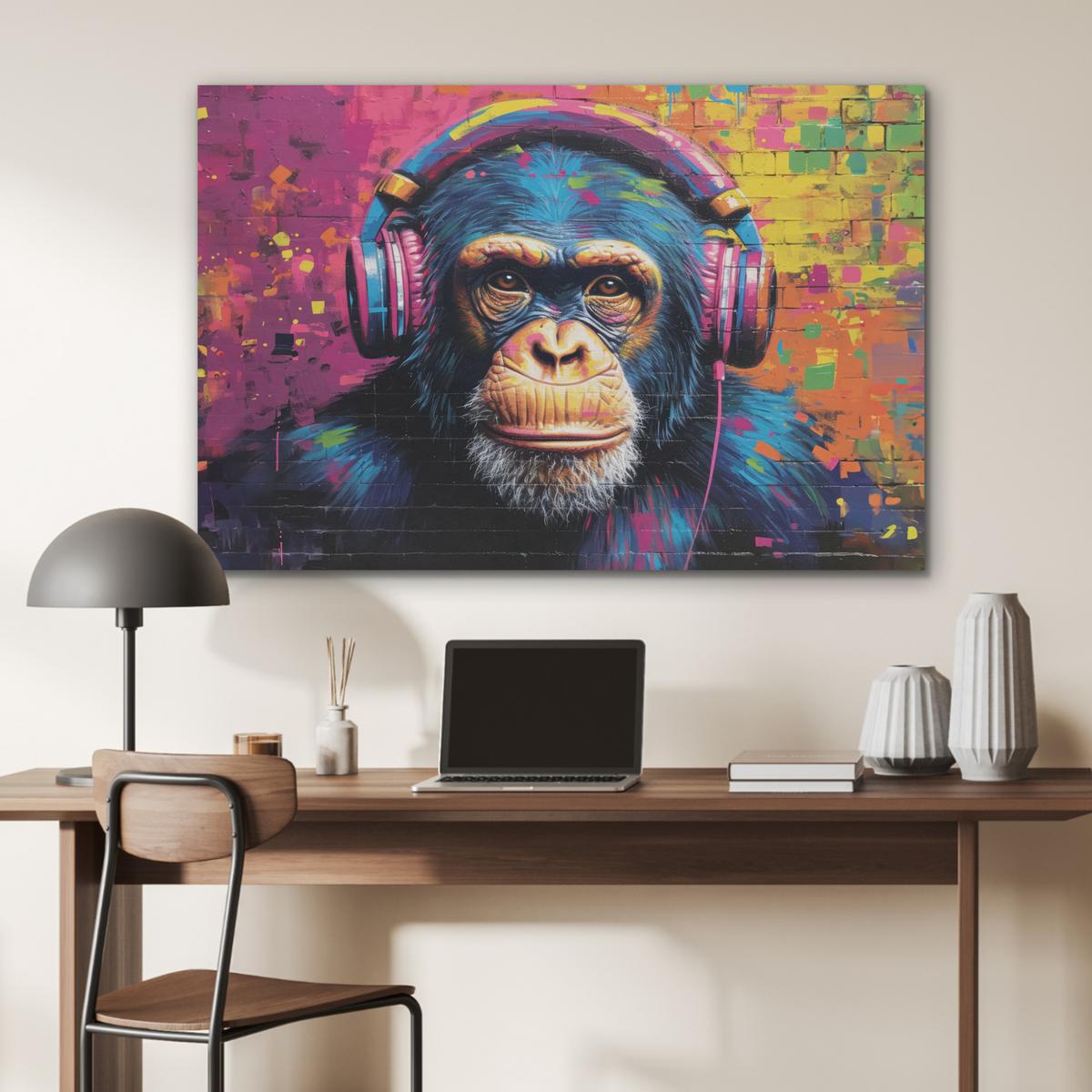 AKUSTIKBILD Graffiti - Schimpanse - Straßenkunst - Kopfhörer - Affe Wandbild Wohnzimmer 100x70 cm - Blau, Kunststoff (100/70/0.9cm) - MuchoWow