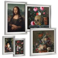 BILDER SET 5er Set - 50x50 cm & 20x30 cm & 40x60 cm Silberner Rahmen - Vintage Blumen Totenkopf Mona Lisa - Silberfarben, Kunststoff (40/60cm) - TULUP