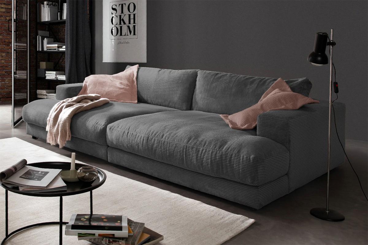BIG SOFA XL MADELINE Grau Cord - Schwarz/Grau, Kunststoff/Textil (290/85/190cm) - KAWOLA