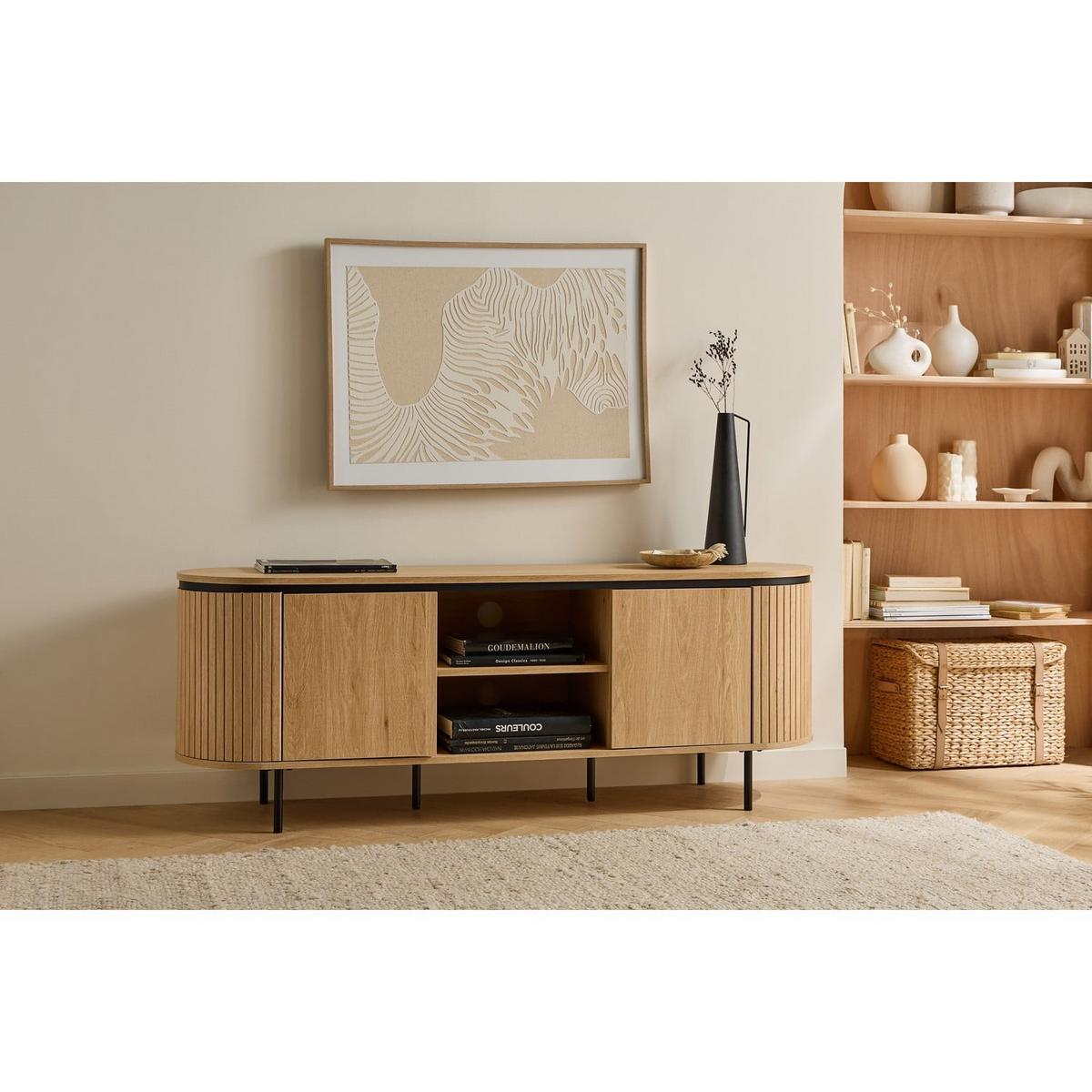 TV-MÖBEL mit 2 Türen und seitlichem Rillen-Effekt 150/55/40 cm - Eschefarben, Holzwerkstoff (40/55/46cm) - Calicosy