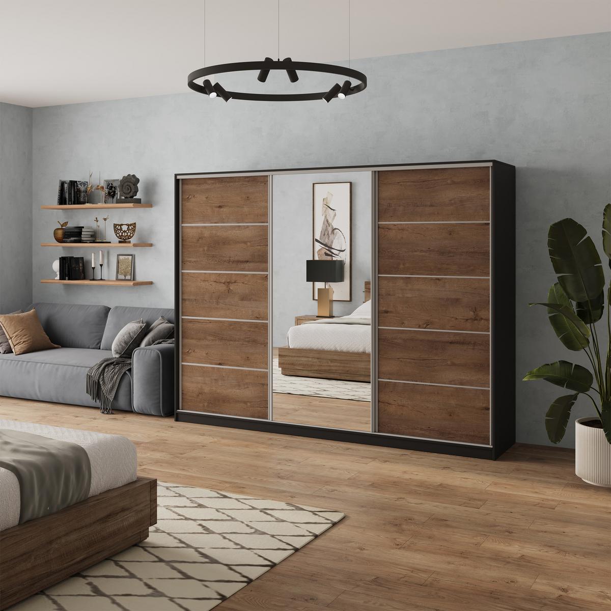 SCHWEBETÜRENSCHRANK NATA 270/205/58 cm 3-türig mit Spiegel und 4 Schubladen Schwarz - Eichefarben/Schwarz, Holzwerkstoff (270/205/58cm) - MASSENO