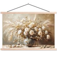 POSTER MIT MAGNETLEISTEN Blumen - Vase - Stilleben - Beige Magnetleiste 120x80 cm - Creme, Textil (120/80/0.15cm) - MuchoWow