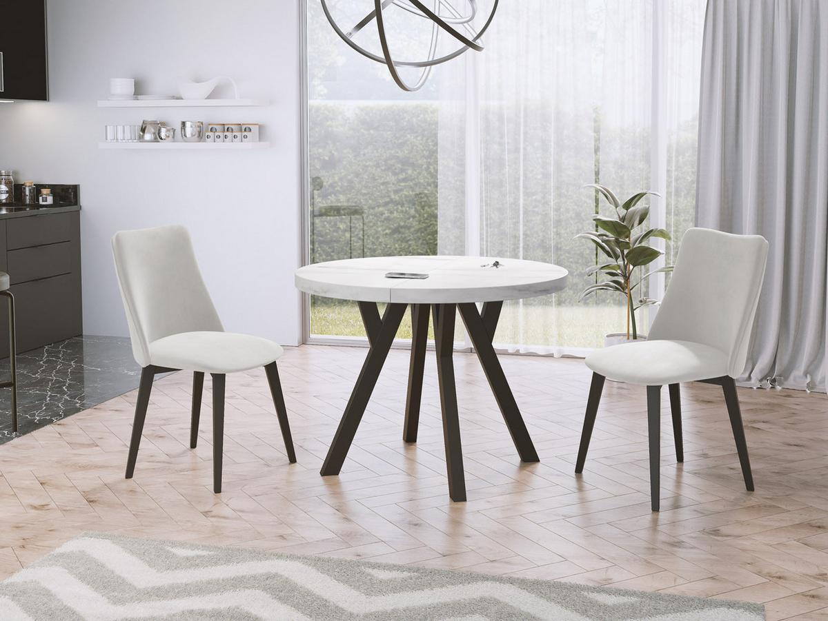 ESSTISCH Twixy runder ausziehbarer, Marmor Weiß 90-170/90/76 cm - Ecru/Schwarz, Holz/Holzwerkstoff (90/170/76cm) - WFL GROUP
