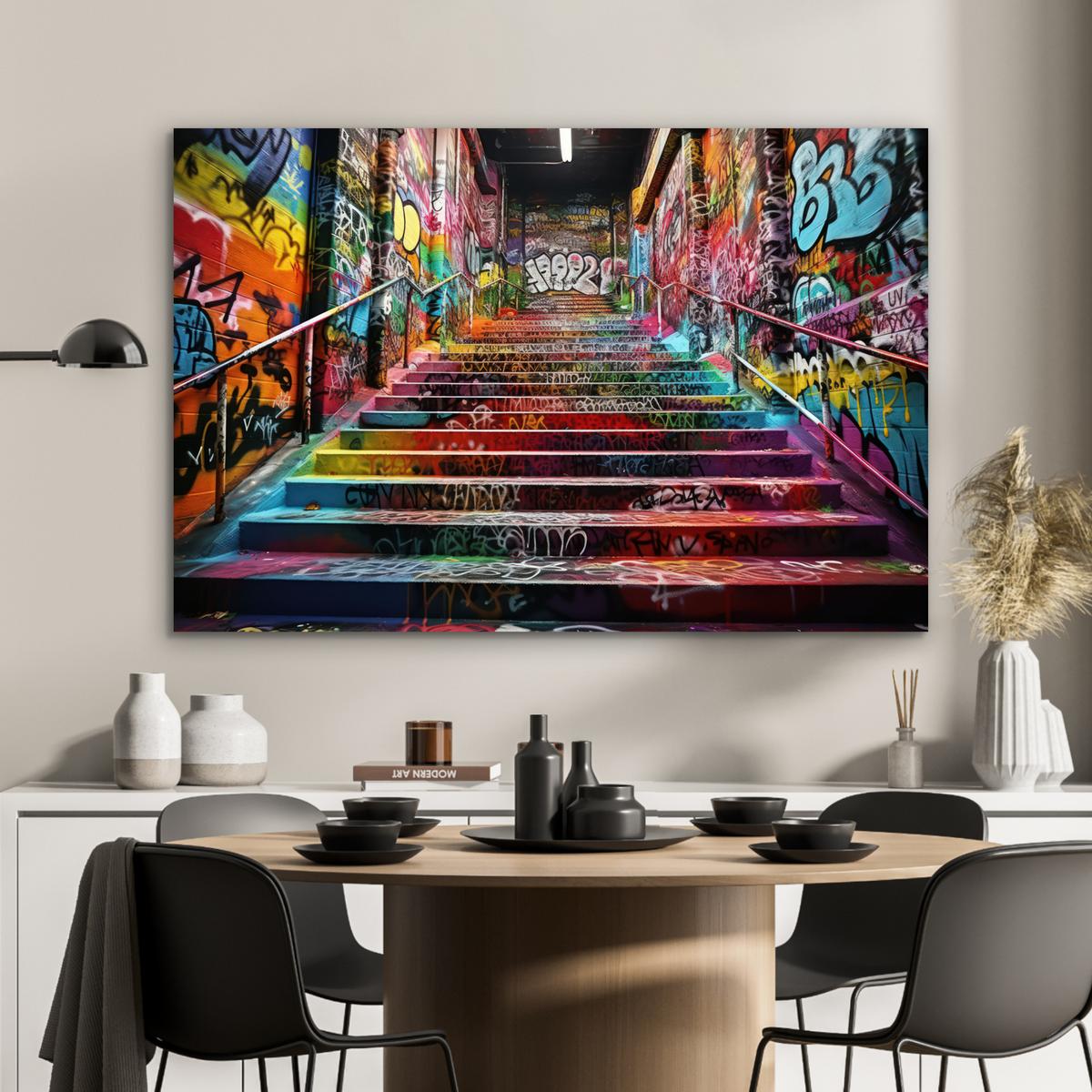 METALLBILD Treppe - Graffiti - Farben - Kunst Deko Groß 120x80 cm - Multicolor, Metall (120/80cm) - MuchoWow