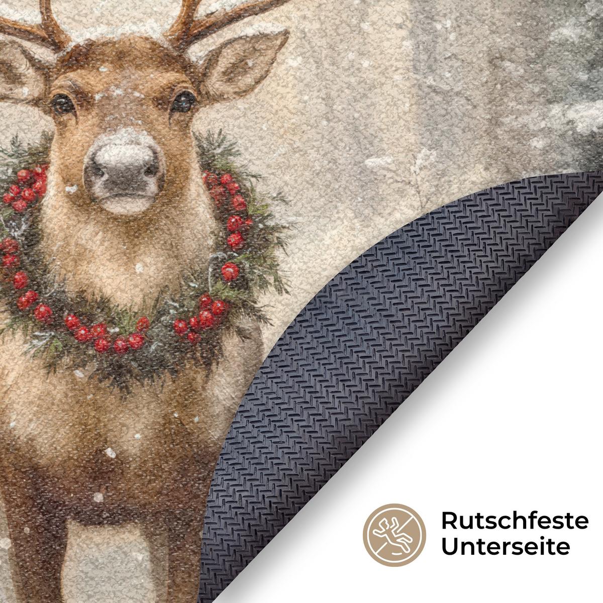 FUSSMATTE Weihnachten - Rentier - Winter - Kranz Flurteppich 90x90 cm - Braun, Kunststoff (90/0.4cm) - MuchoWow