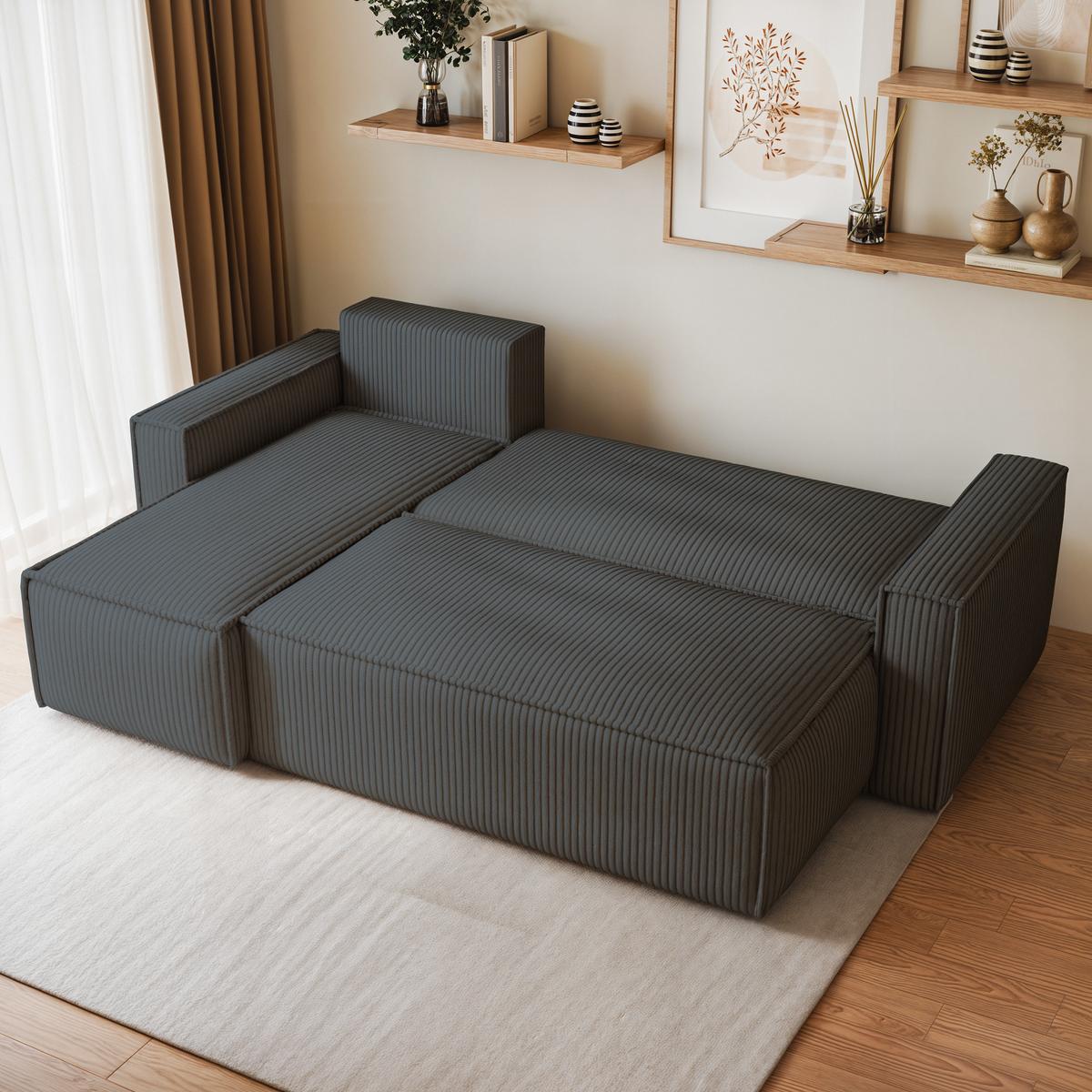 ECKSOFA RAVELO P Graphitfarben Kordstoff mit Schlaffunktion - Graphitfarben/Grau, Holz/Kunststoff (240/140cm) - MASSENO