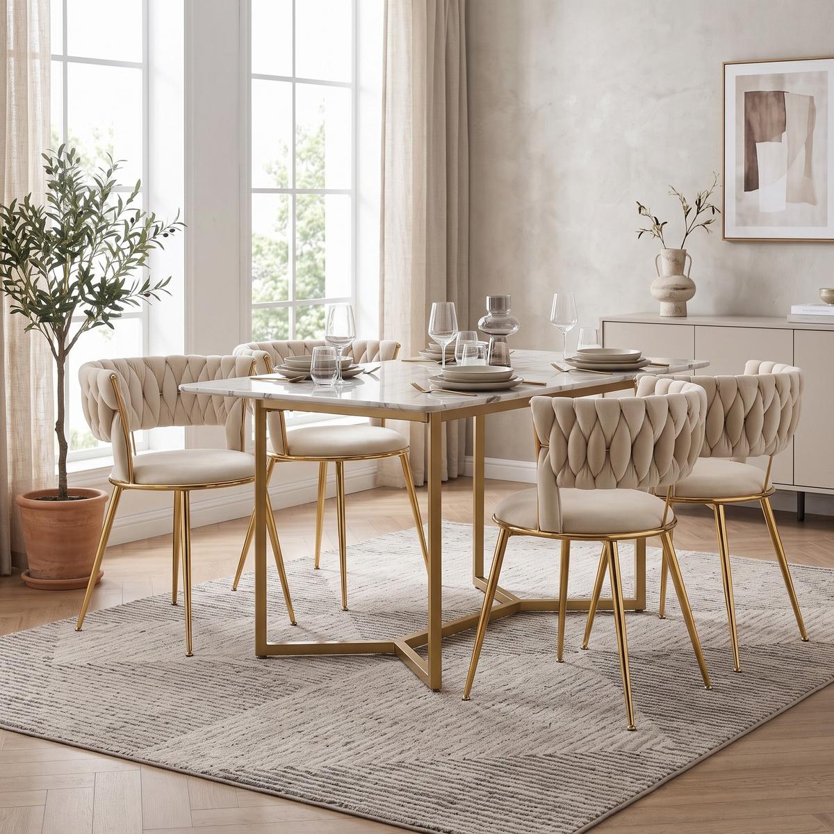 ESSZIMMERSTUHL 2er Set Samt Ivory & Gold mit geflochtener Rückenlehne - Magnolie, Textil (57/70/43cm) - Urban Meuble