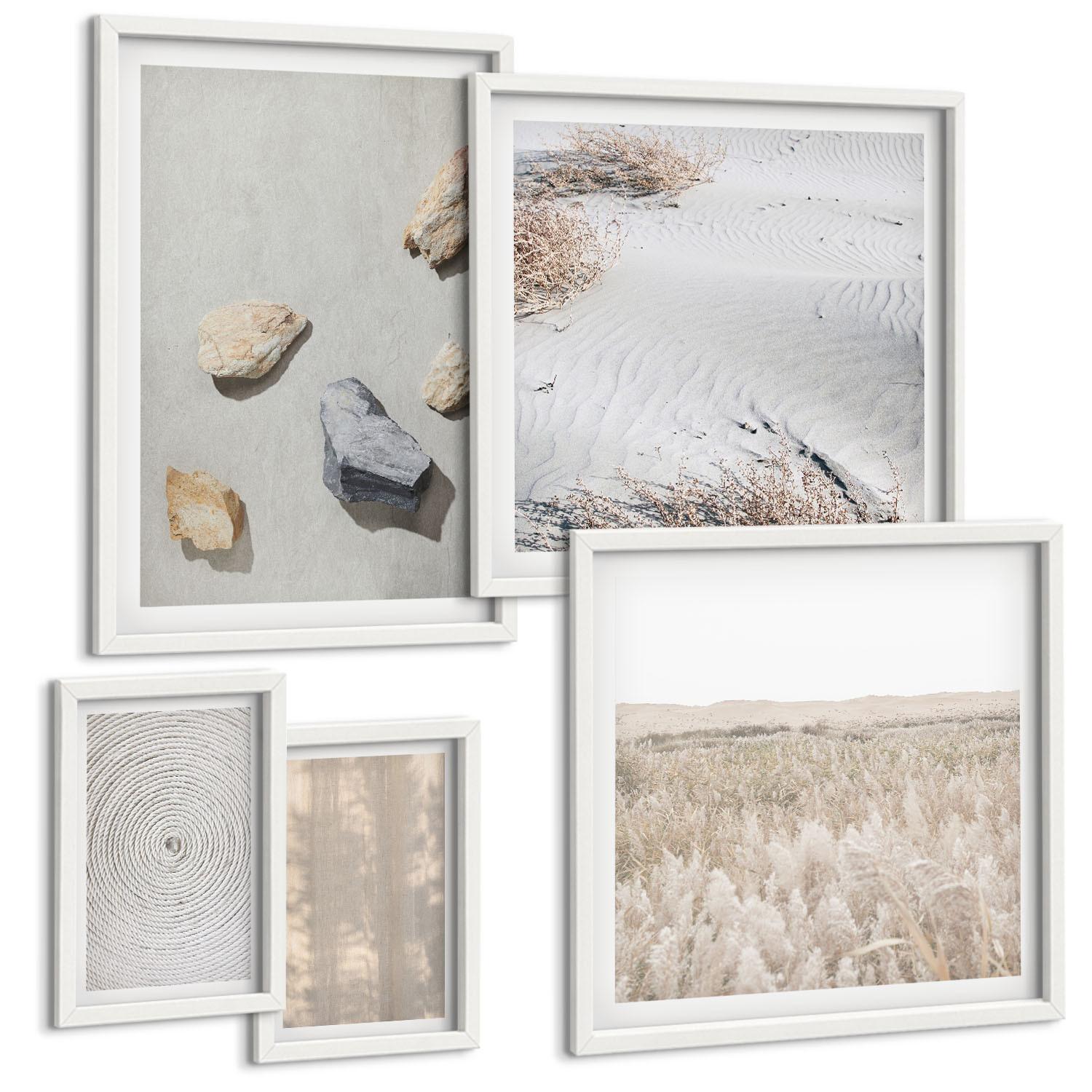 BILDER SET 5er Set - 50x50 cm & 20x30 cm & 40x60 cm Weißer Rahmen - Boho-Naturtexturen - Weiß, Kunststoff (40/60cm) - TULUP