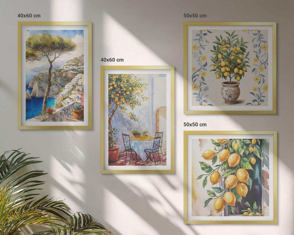 BILDER SET 4er Set - 50x50 cm & 40x60 cm Goldrahmen - Zitronenbäume am Meer - Goldfarben, Kunststoff (50/50cm) - TULUP