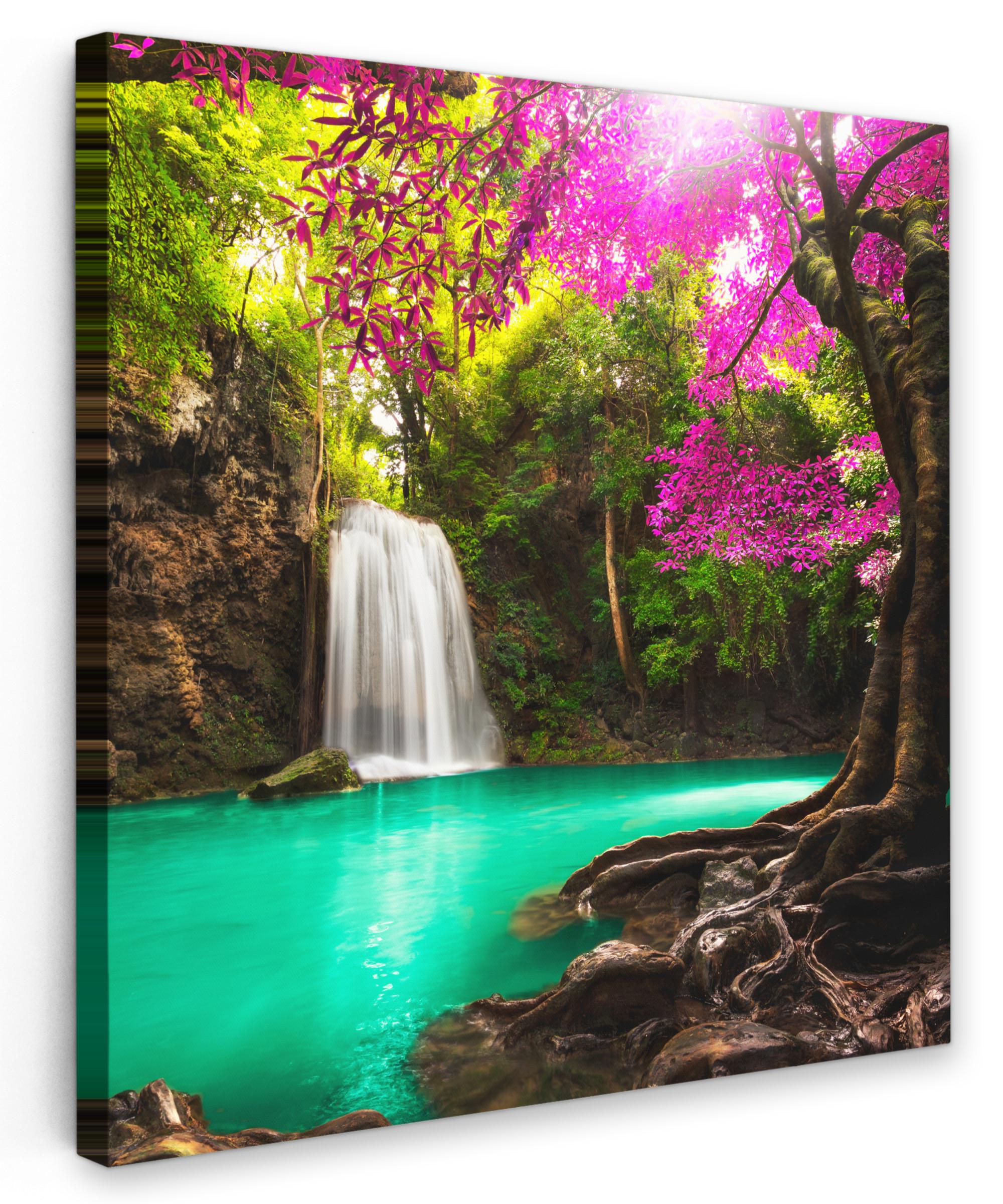 LEINWANDBILD Wasserfall mit bunten Blumen und Bäumen - Natur - Dschungel Wandbild Wohnzimmer 50x50 cm - Waldgrün, Textil (50/50cm) - MuchoWow