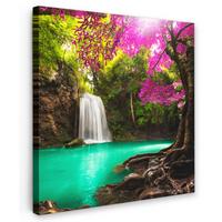 LEINWANDBILD Wasserfall mit bunten Blumen und Bäumen - Natur - Dschungel Deko Groß 90x90 cm - Waldgrün, Textil (90/90cm) - MuchoWow