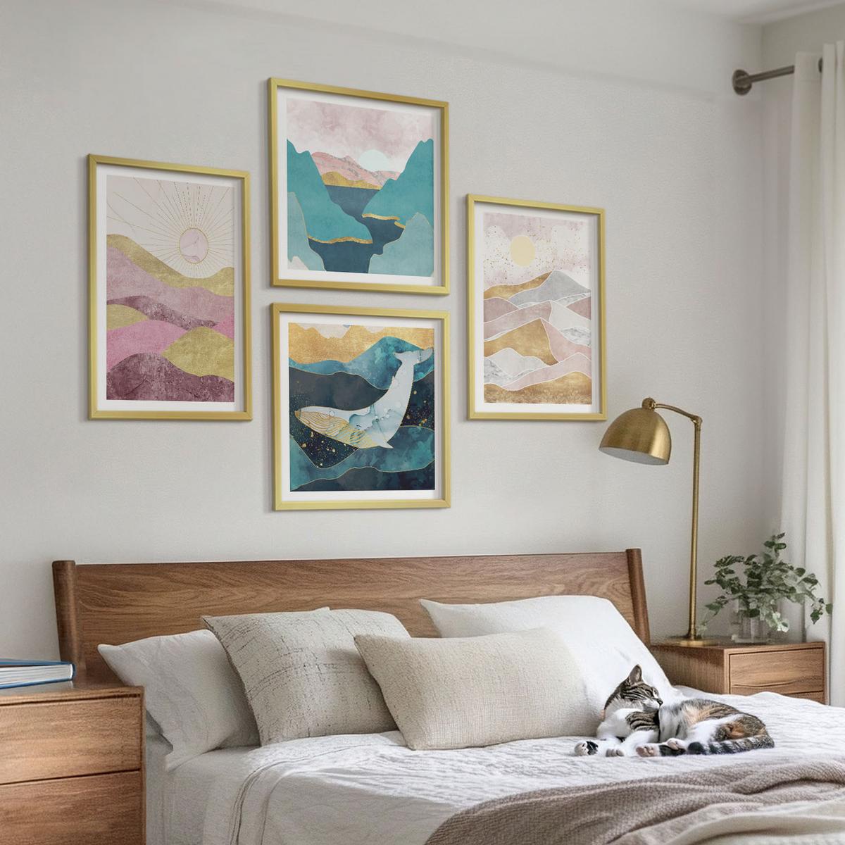 BILDER SET 4er Set - 50x50 cm & 40x60 cm Goldrahmen - Abstrakte Berge Sonne - Goldfarben, Kunststoff (50/50cm) - TULUP