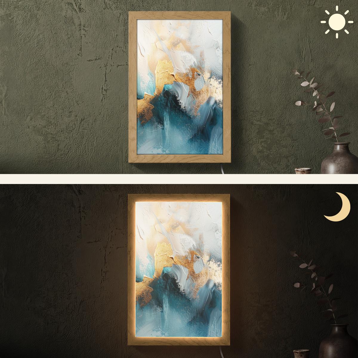 WANDLEUCHTE Abstrakt - Kunst - Gold - Blau 20x30 cm - Türkis, Holzwerkstoff (20/30/8cm) - OnlyWow