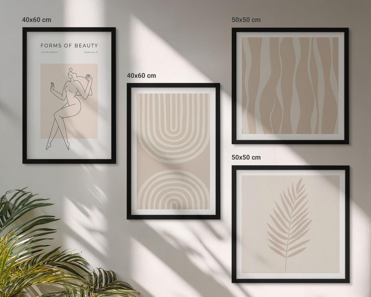 BILDER SET 4er Set - 50x50 cm & 40x60 cm Schwarzer Rahmen - Abstrakte Boho-Dekorationen - Schwarz, Kunststoff (50/50cm) - TULUP