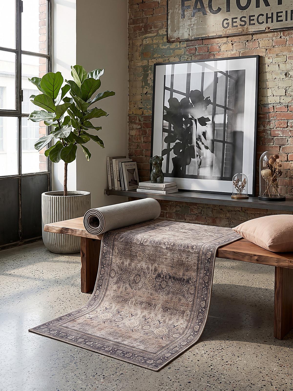 LÄUFER waschbar, mit floralen Ornamenten, VERNANTE in Braun-Grau, 80 x 250 cm - Braun, Textil (80/250cm) - KADIMA DESIGN
