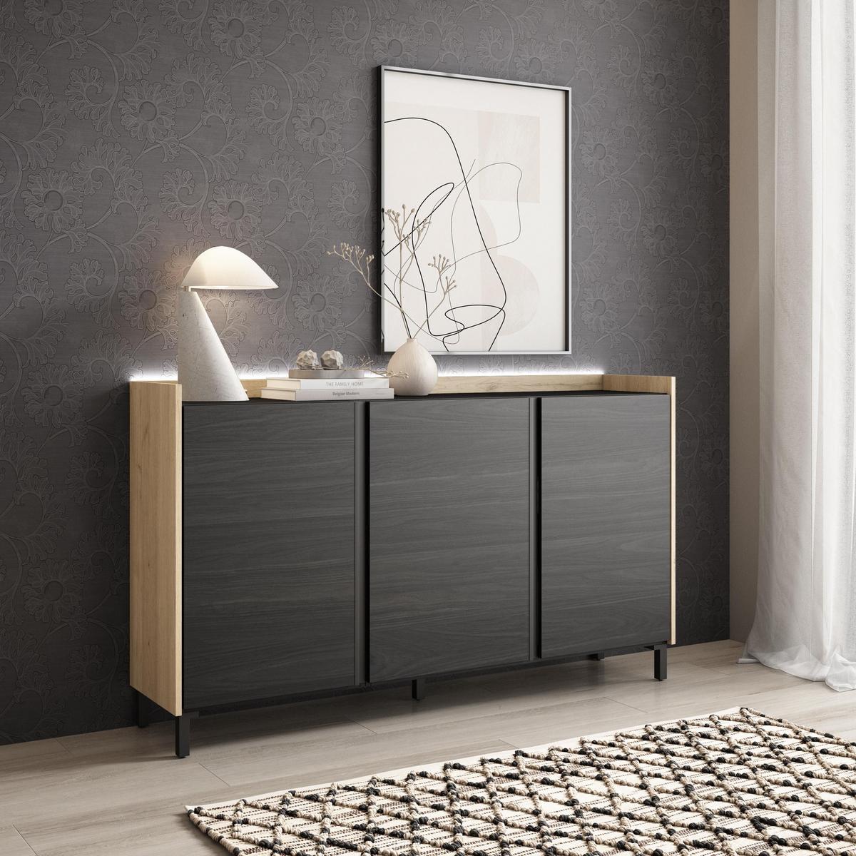 SIDEBOARD, Schwarz und Eiche, 156/35/91cm, mit Beinen - Schwarz, Holzwerkstoff (156/91/35cm) - Skraut Home