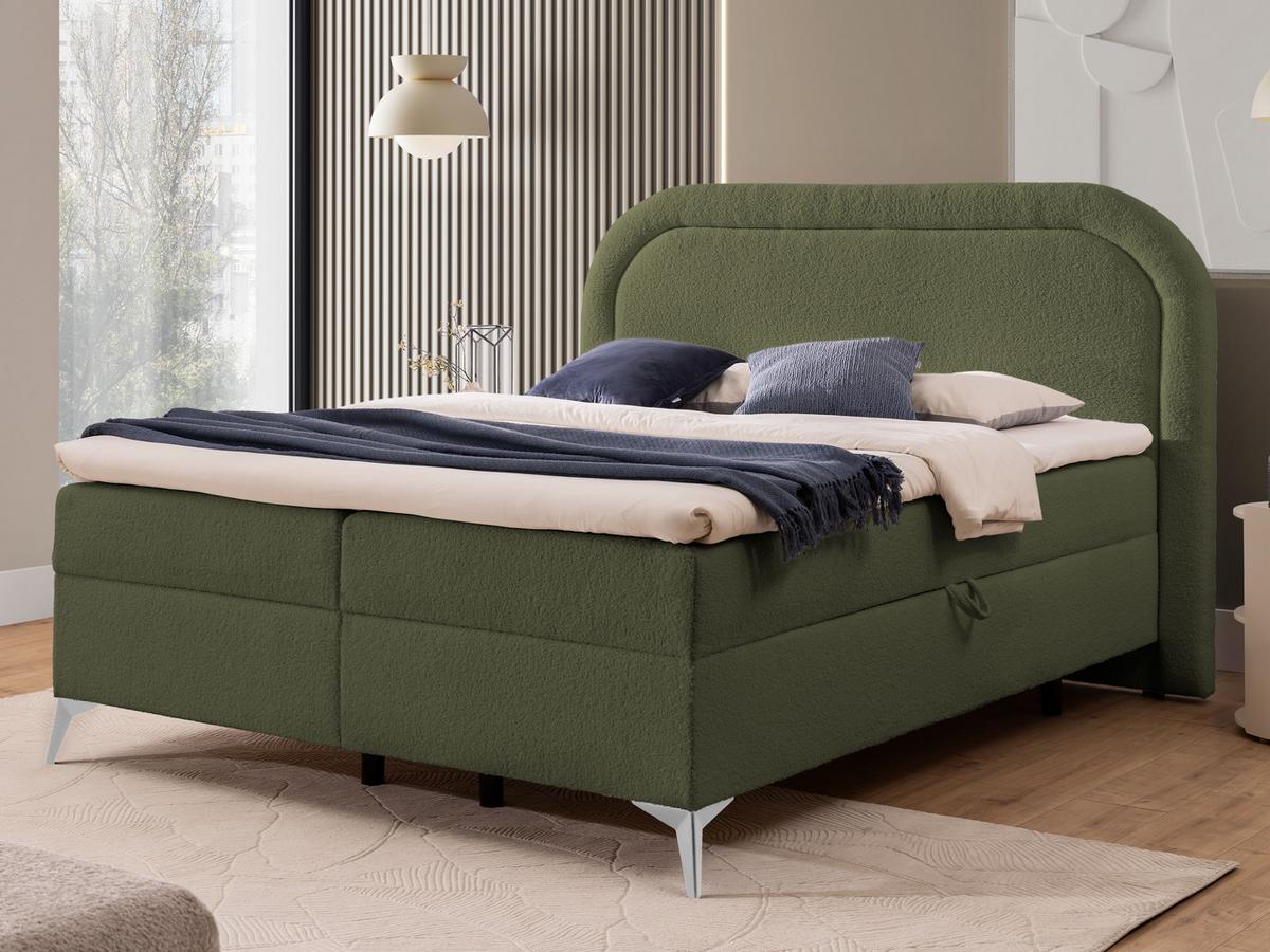 BOXBETT Sonna 160/200 cm Grün Bouclé-Stoff mit abgerundetem Kopfteil und mit silbernen Metallfüßen - Silberfarben/Grün, Holz/Textil (160/200cm) - S-Style Möbel