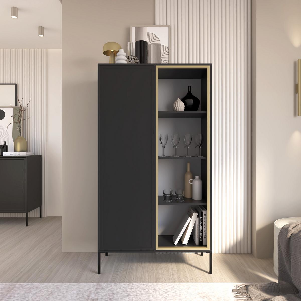VITRINE Velveto Schwarz 90 cm - Schwarz, Holzwerkstoff/Metall (90/160.2/40cm) - Selsey