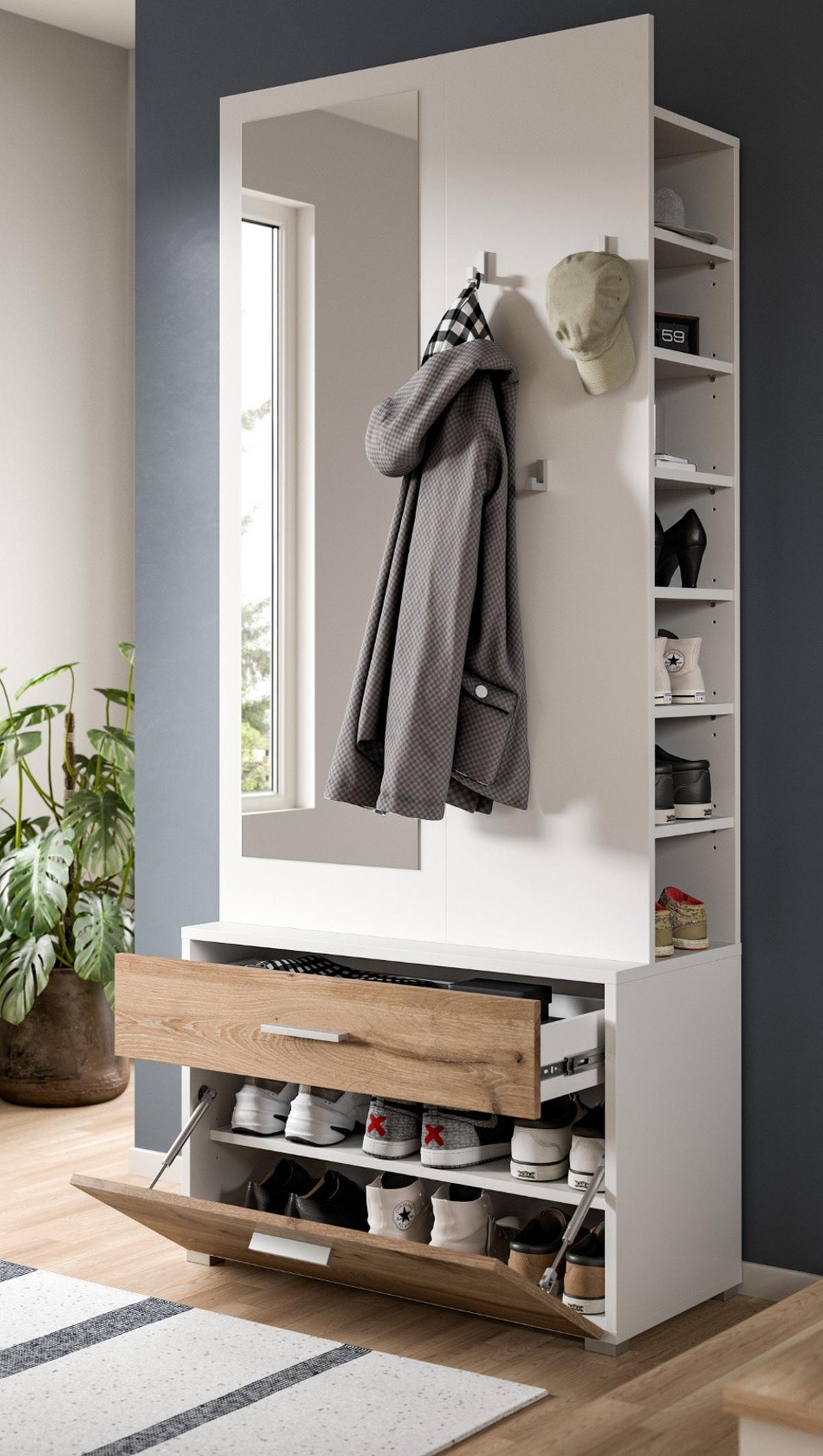 KOMPAKTGARDEROBE weiß, Eiche Nox, Garderobe mit Spiegel 80 x 190 cm - Eichefarben/Silberfarben, Glas/Holzwerkstoff (80/190/38cm) - Inn.Furn