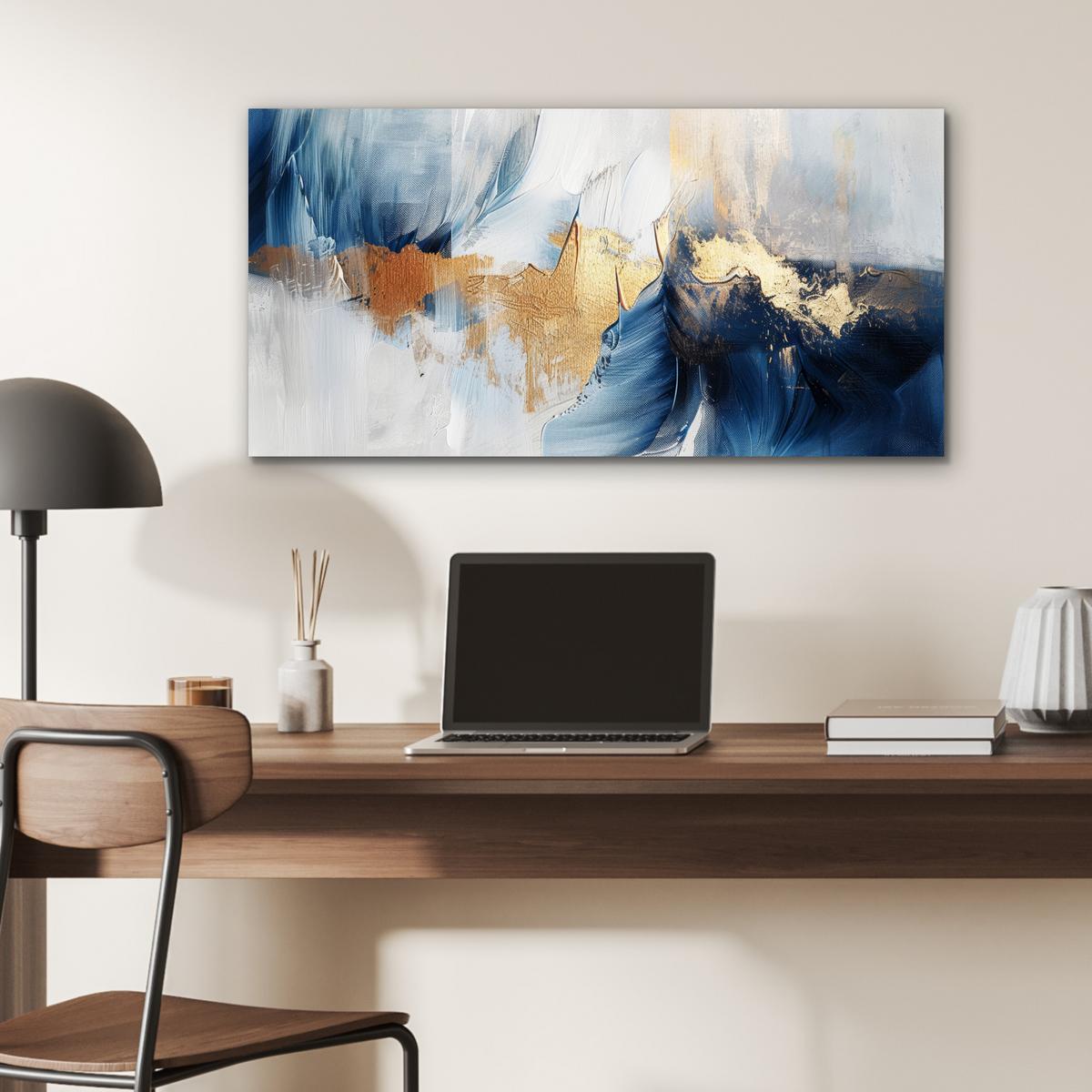 METALLBILD Gold - Blau - Aquarell - Kunst - Modern 80x40 cm - Hellblau, Metall (80/40cm) - MuchoWow