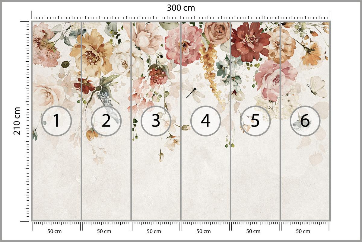 FOTOTAPETE für Esszimmer Aquarellblumen Blätter Pflanzen Pfingstrosen Rosen 300x210 - Multicolor, Papier (300/210cm) - Muralo