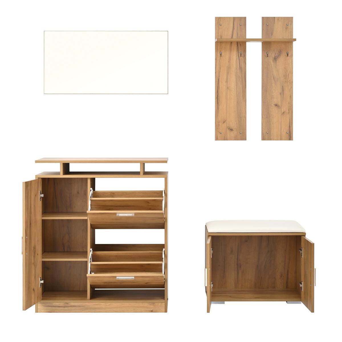 GARDEROBEN-SET 140 cm Natur – Flurmöbel mit Spiegel, Schuhbank & 5 Türen Modern - Naturfarben, Holzwerkstoff (140/133/35cm) - Urban Meuble