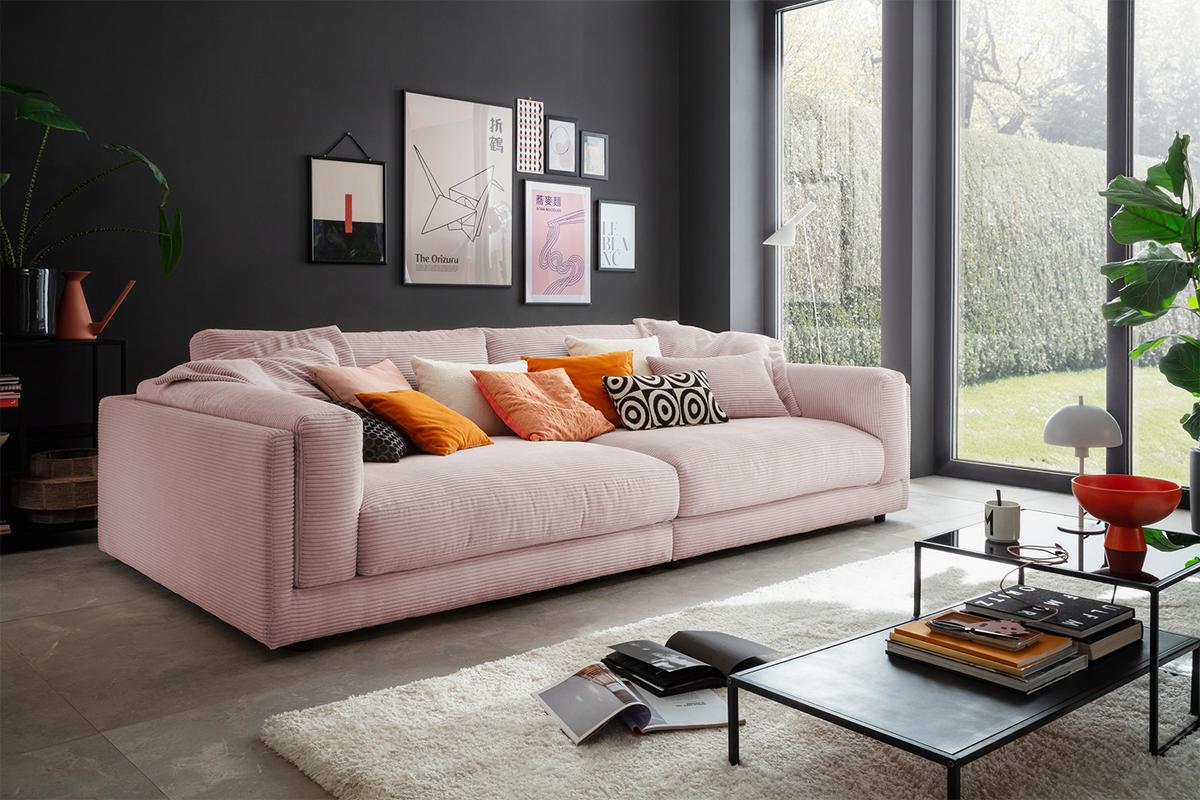 BIG SOFA RAINA Pink Cord - Schwarz/Rosa, Kunststoff/Textil (294/85/150cm) - KAWOLA