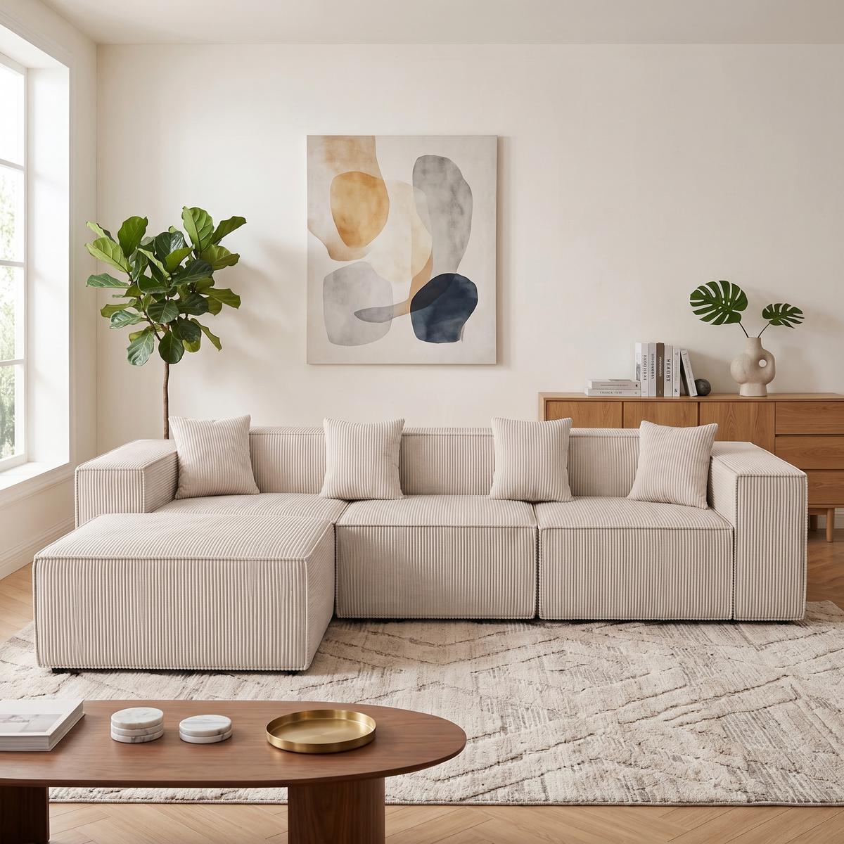 ECKSOFA cordstoff 279 cm flexibles design - Beige, Textil (279/165cm) - Urban Meuble