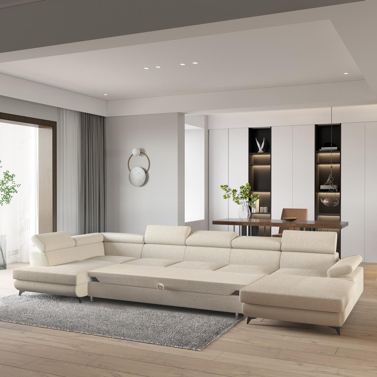 WOHNLANDSCHAFT MONTIVA Creme Boucle-Stoff mit Schlaffunktion - Creme, Holz (410/89/190cm) - MASSENO