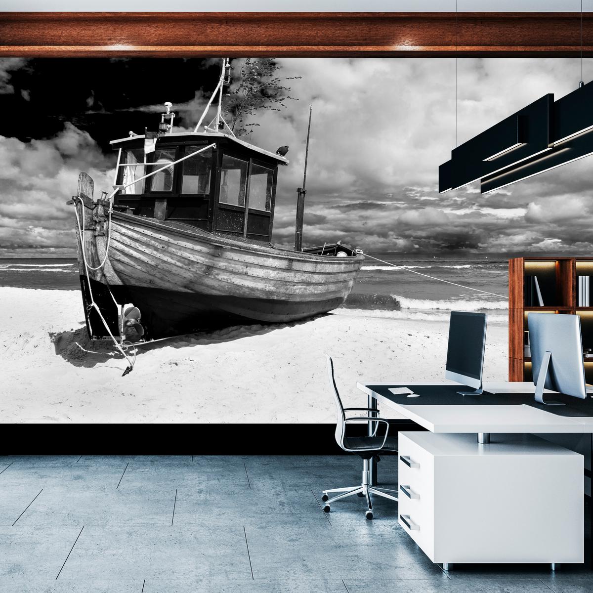 FOTOTAPETE für Wohnzimmer Schwarz-Weiß Boot Strand Meer 100x70 - Schwarz/Weiß, Papier (100/70cm) - Muralo
