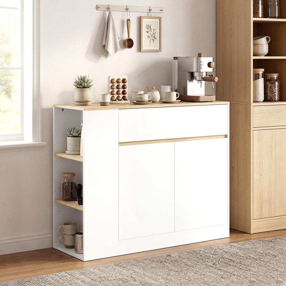 SIDEBOARD Küchenschrank mit Schublade, verstellbare Ablage, Aufbewahrungsschrank - Weiß/Naturfarben, Holz/Holzwerkstoff (30/81.2/106cm) - HOMCOM