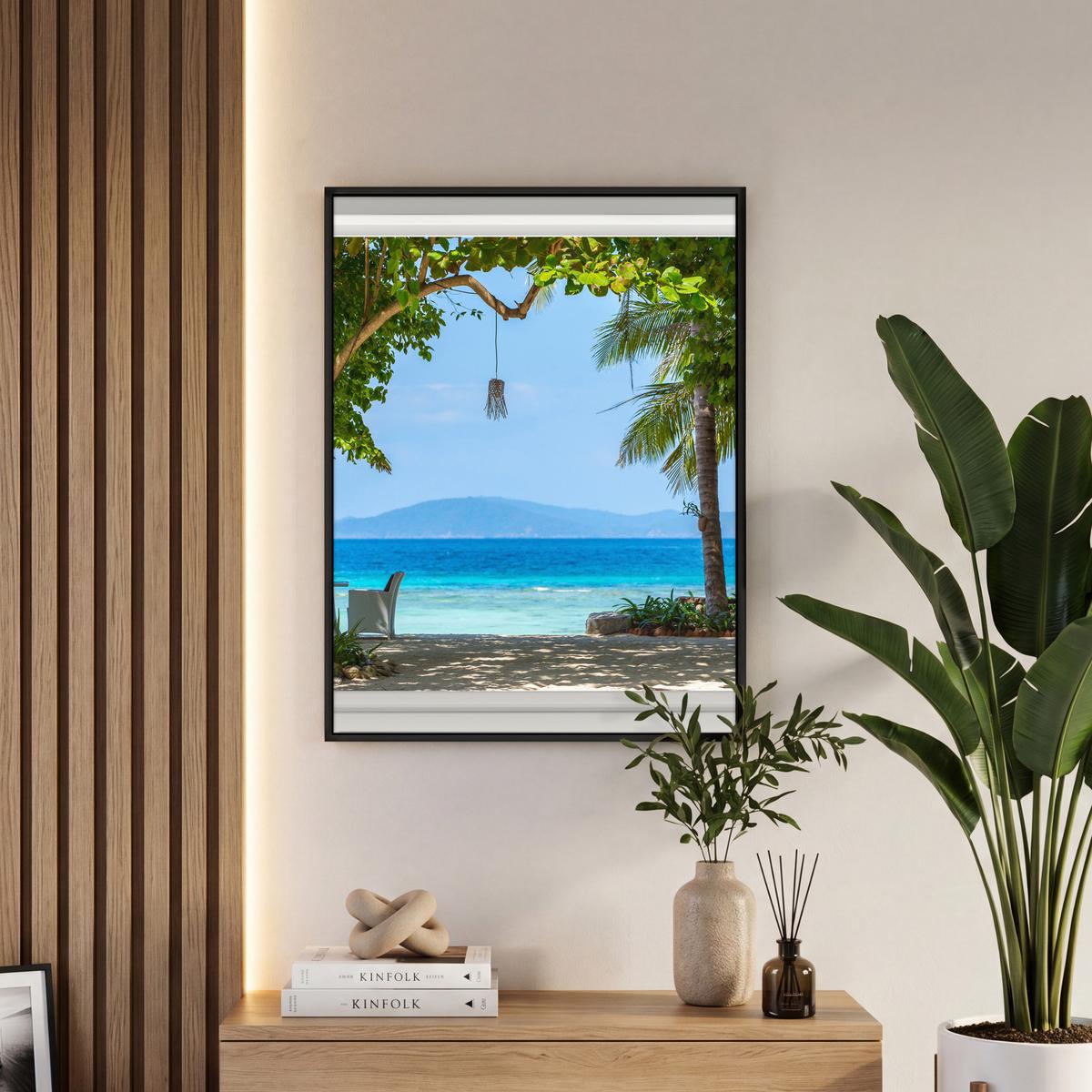 LEINWAND Bilder mit Rahmen - Aussicht - Baum - Meer - Palme - Hügel - Strand - Blau - 60x80 - Blau, Textil (60/80cm) - MuchoWow