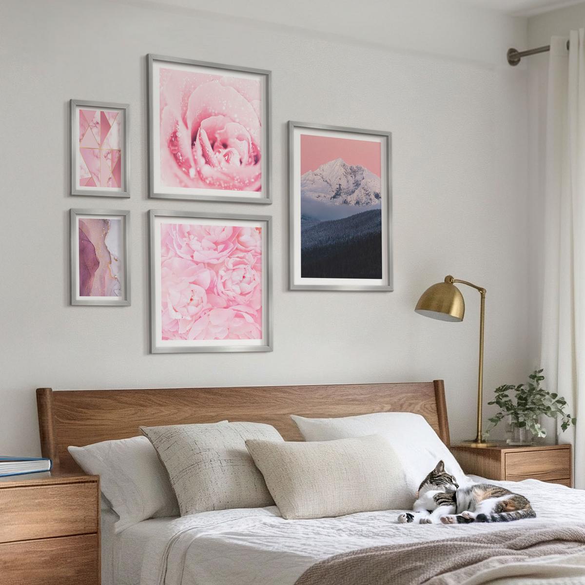 BILDER SET 5er Set - 50x50 cm & 20x30 cm & 40x60 cm Silberner Rahmen - Abstraktionen dekorativer Malerei - Silberfarben, Kunststoff (40/60cm) - TULUP