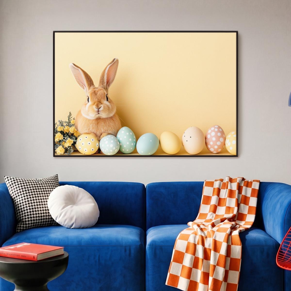 LEINWAND Bilder mit Rahmen - Eier - Kaninchen - Pastellfarbtöne - 90x60 - Hellgelb, Textil (90/60cm) - MuchoWow