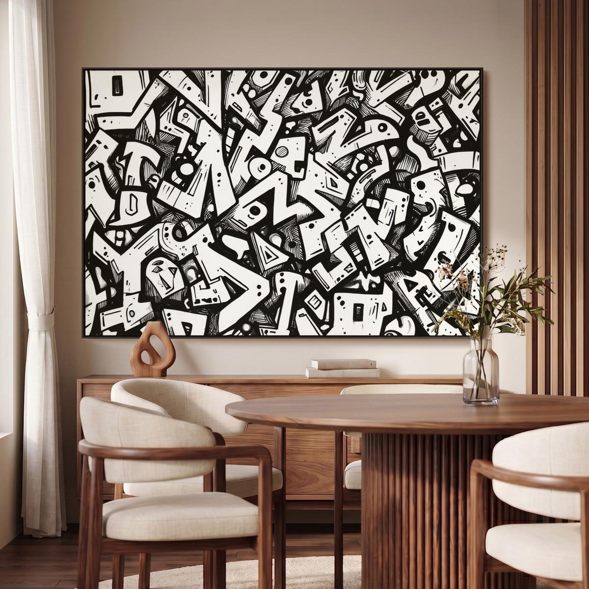 LEINWAND Bilder mit Rahmen - Formen - Buchstaben - Graffiti - Schwarz - 120x80 - Schwarz, Textil (120/80cm) - MuchoWow