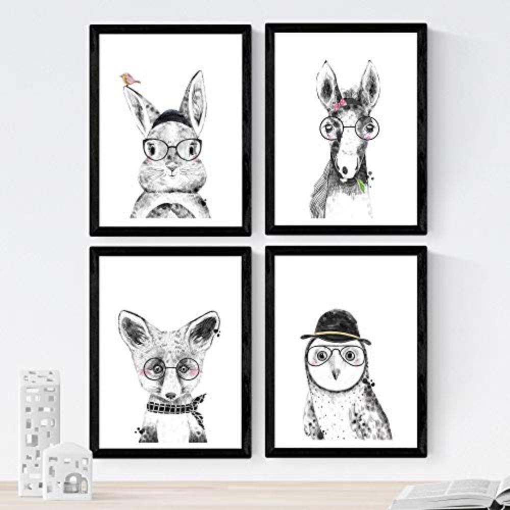 POSTER Set mit 4 Kinder Tiere mit Gläsern A3 Rahmenlos - Klar, Papier (29.7/3cm) - Nacnic