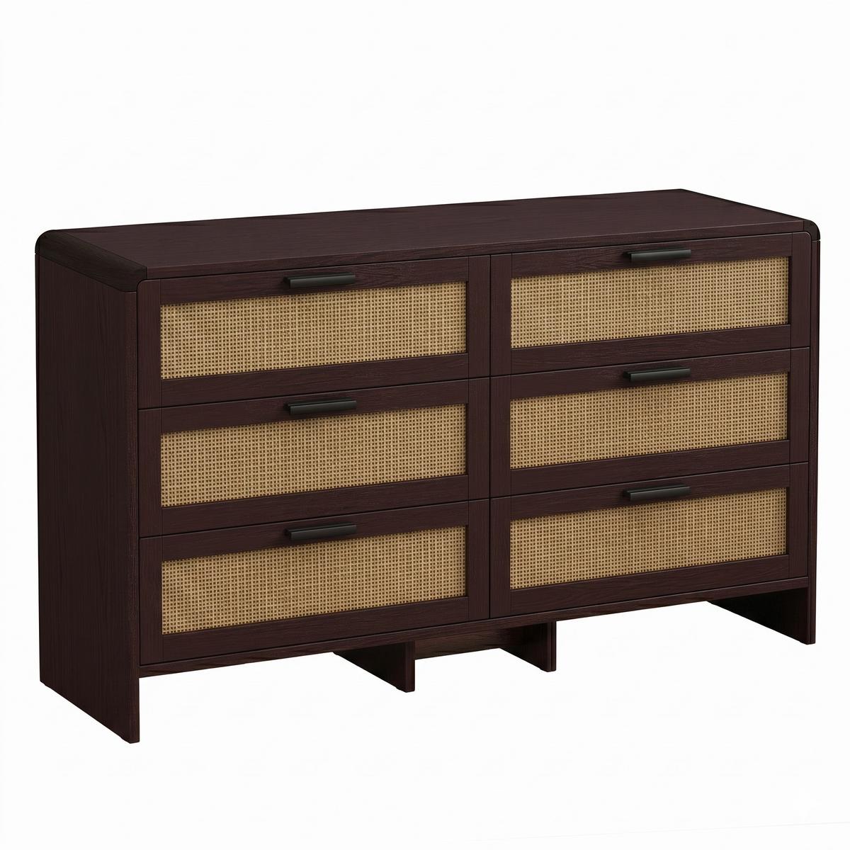 SIDEBOARD holzwerkstoff in rotbraun mit rattan-geflecht, abgerundete ecken & 6 schubladen - Walnussfarben, Holzwerkstoff (130/74/40cm) - Urban Meuble