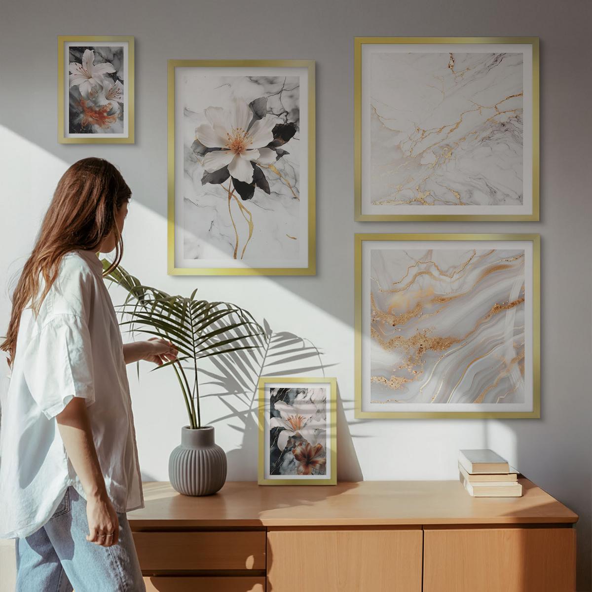 BILDER SET 5er Set - 50x50 cm & 20x30 cm & 40x60 cm Goldrahmen - Bilder mit blau-goldenen Mustern - Goldfarben, Kunststoff (40/60cm) - TULUP