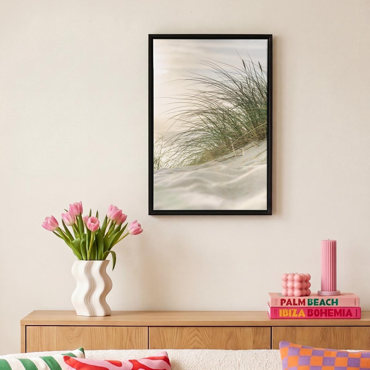 LEINWAND Bilder mit Rahmen - Dünen mit Strandhafer in der Sonne des Nationalparks Schleswig-Holsteinisches Wattenmeer - 20x30 - Creme, Textil (20/30cm) - MuchoWow