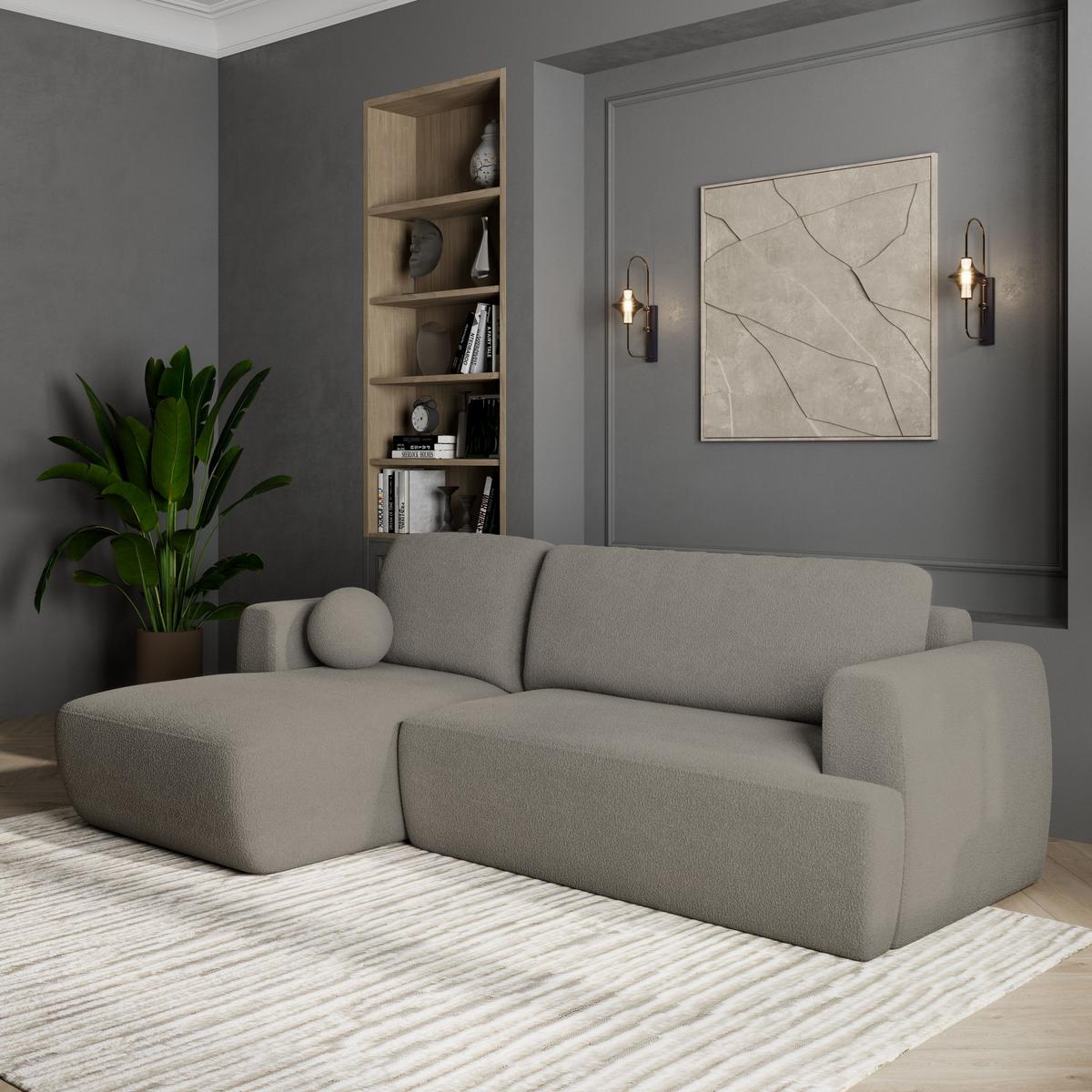 ECKSOFA SENTI N L-S Hellgrau Boucle-Stoff mit Schlaffunktion - Hellgrau/Schwarz, Holz/Kunststoff (246/148cm) - MASSENO