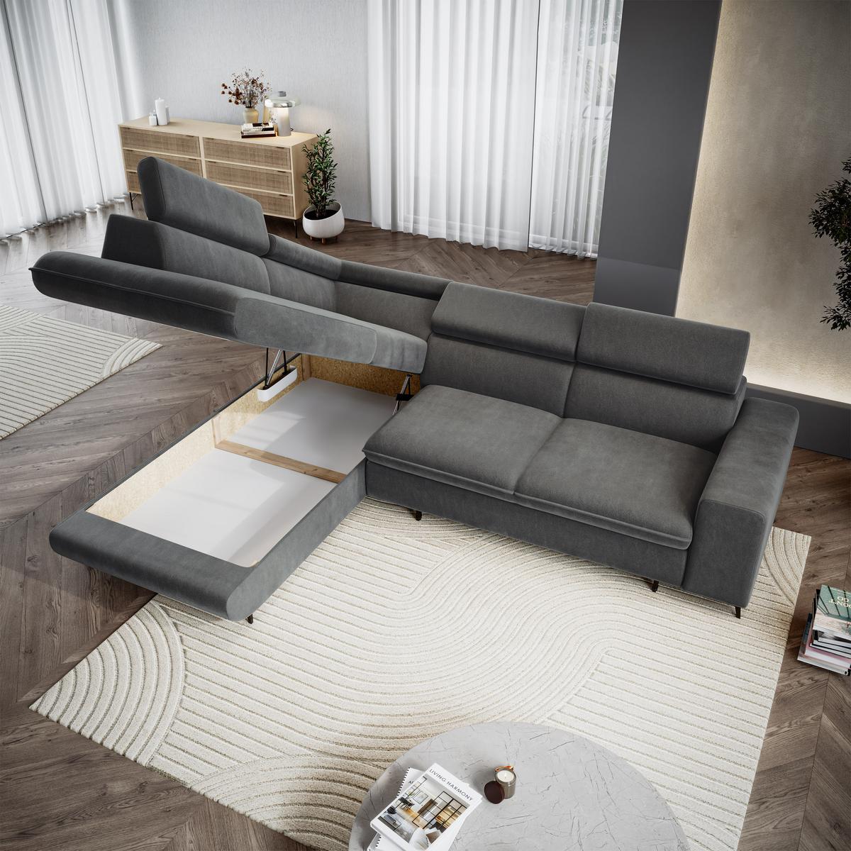 ECKSOFA VELISS Grau Veloursstoff mit Schlaffunktion - Grau, Holz (255/193cm) - MASSENO