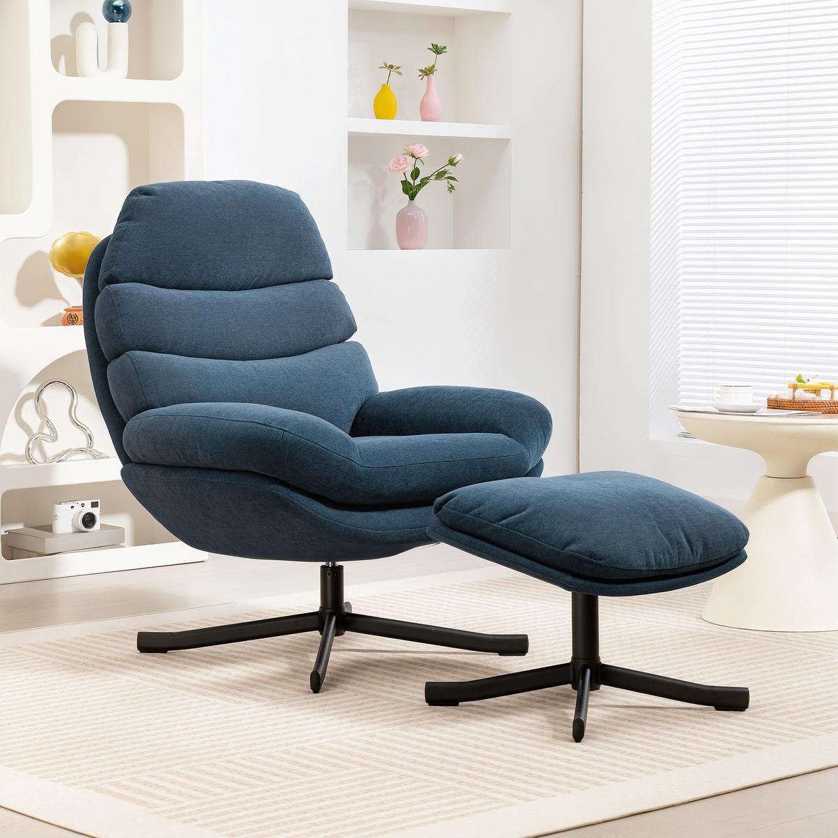 RELAXSESSEL mit Hocker Sessel Loungesessel mit Chenille-Stoff Fernsehsessel Blau - Blau/Schwarz, Textil/Metall (78/100/93cm) - HOMCOM