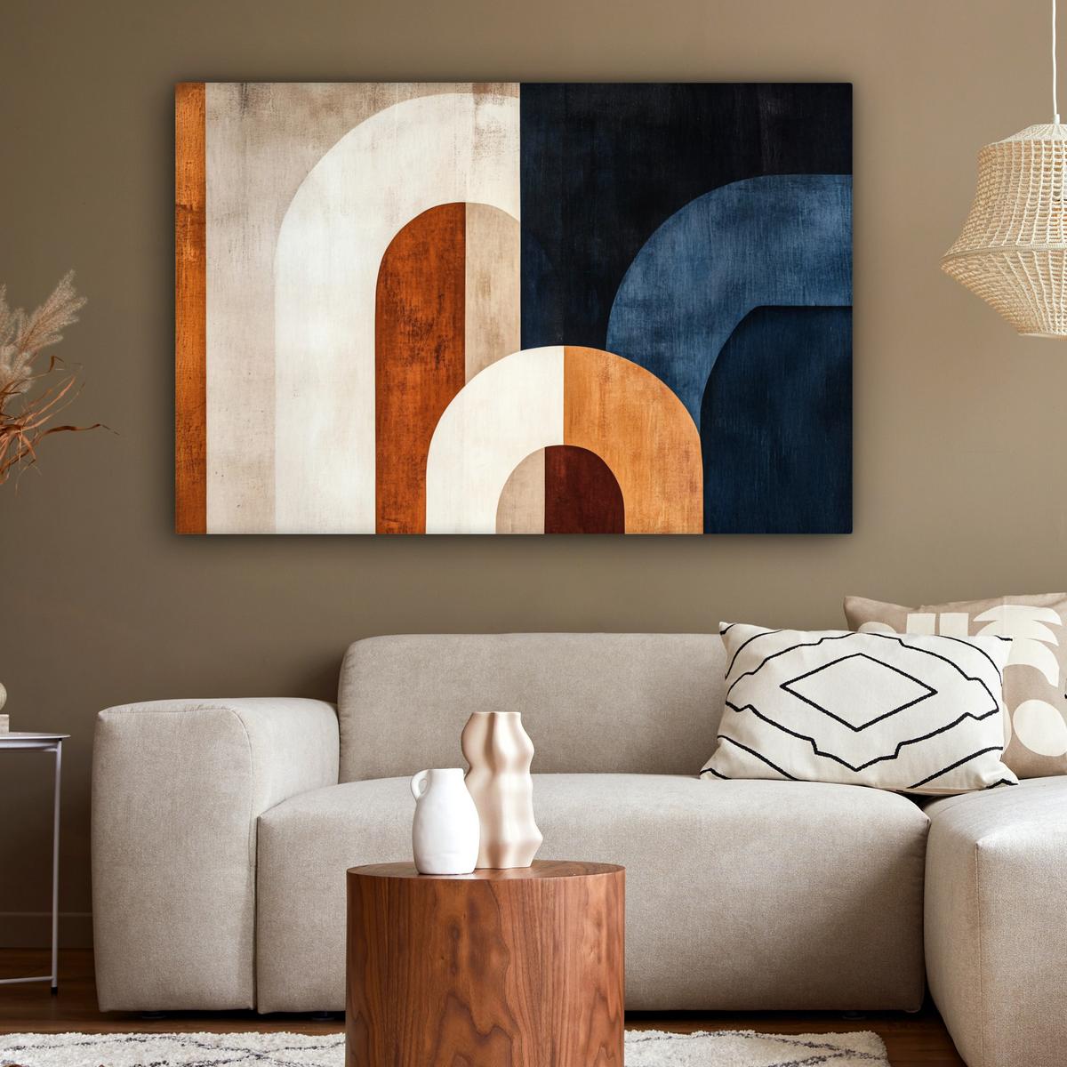 LEINWANDBILD Abstrakt - Formen - Dunkelblau Wohnzimmer Groß 120x80 cm - Cognac, Textil (120/80cm) - MuchoWow